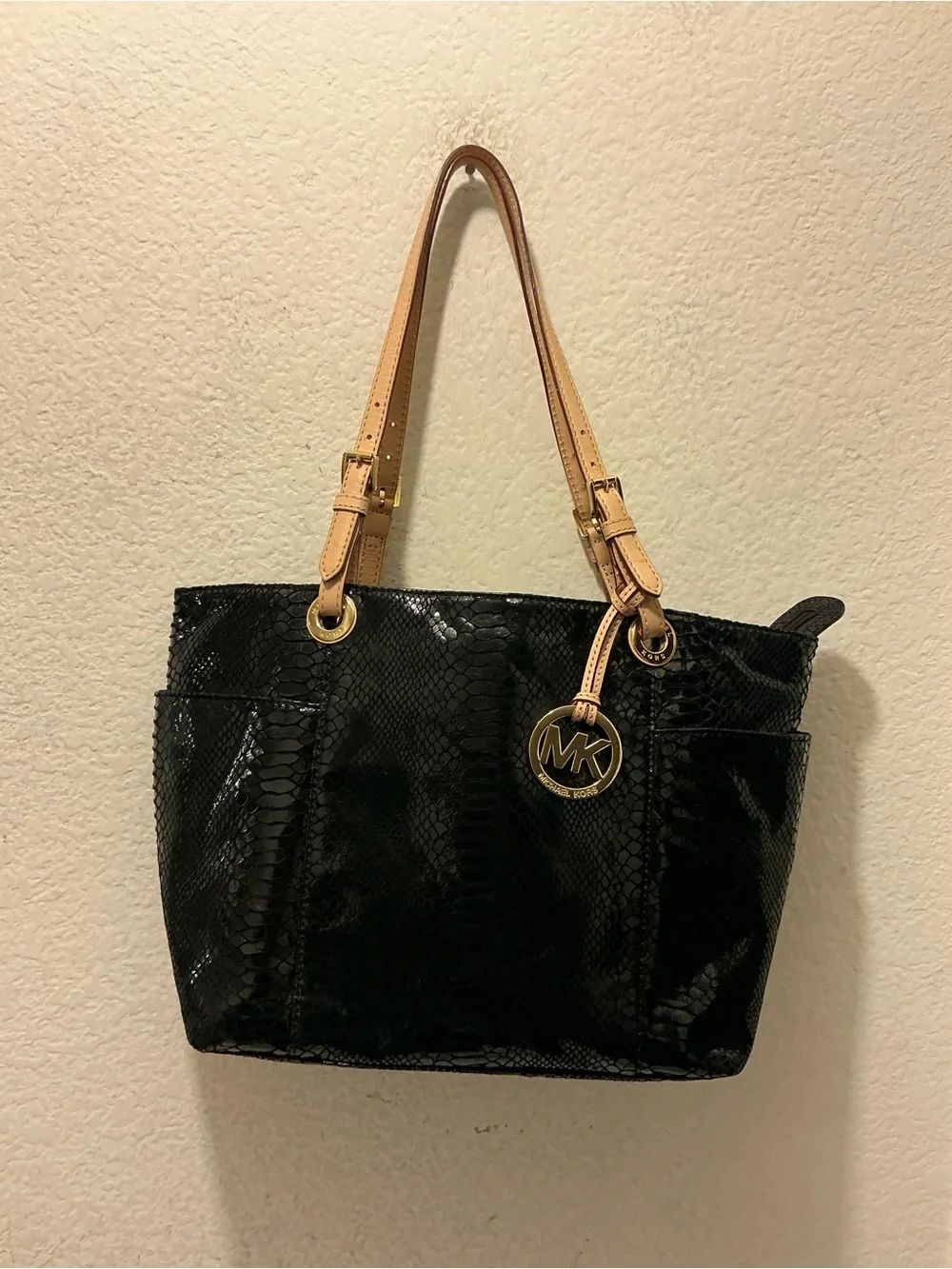 Michael Kors Black python Tote with Tan Straps